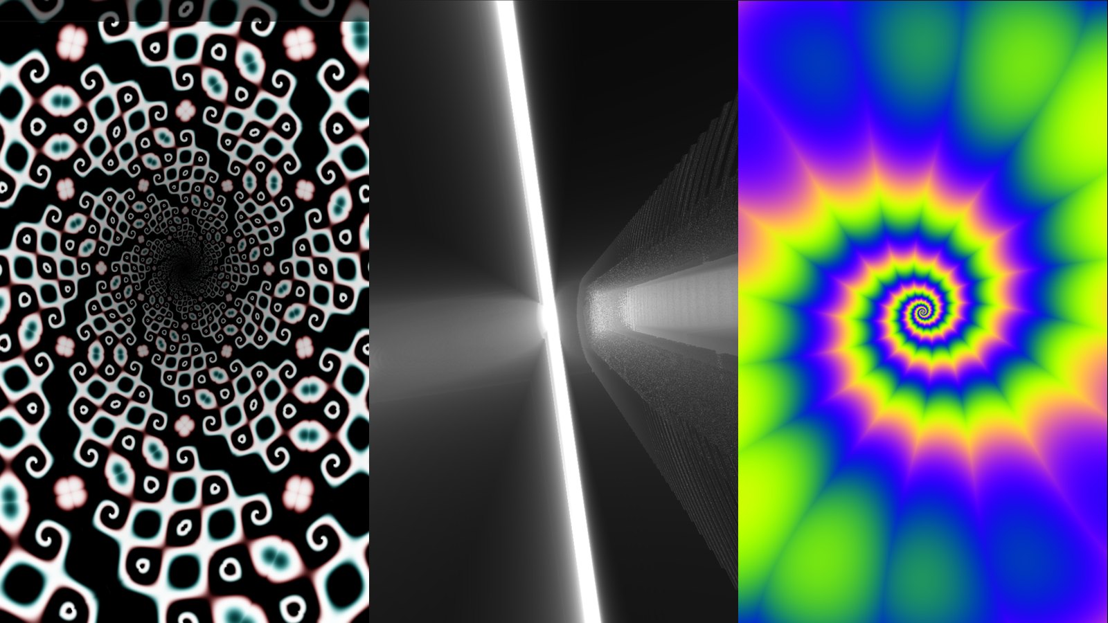 Three-panel preview of realtime shader studies